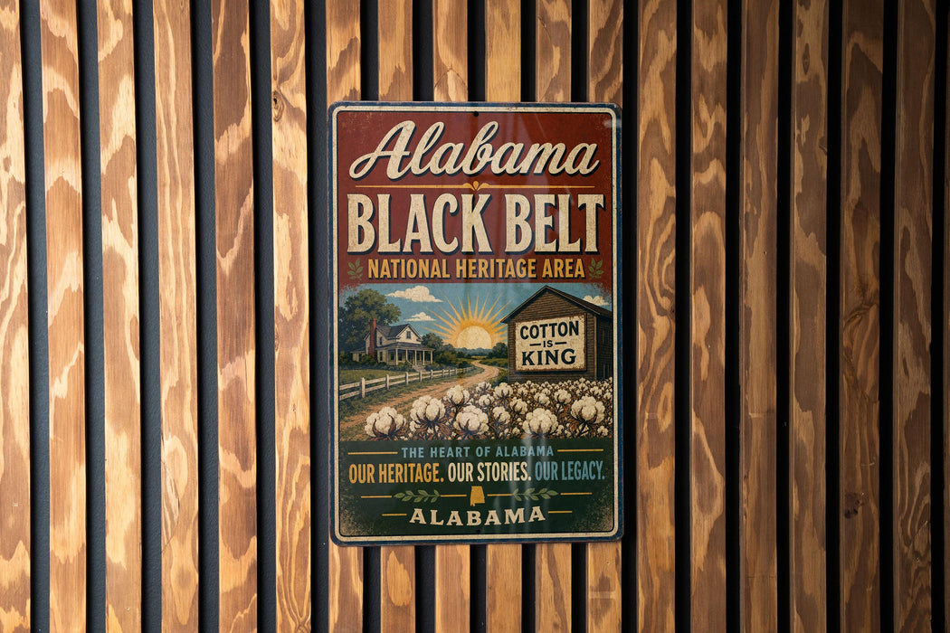 A vintage-style metal sign for Alabama's Black Belt National Heritage Area, featuring a scenic image of a cotton plantation and a house.