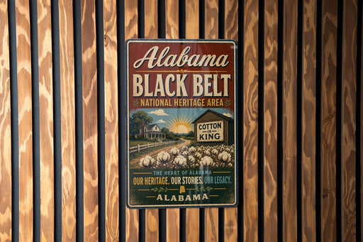 A vintage-style metal sign for Alabama's Black Belt National Heritage Area, featuring a scenic image of a cotton plantation and a house.