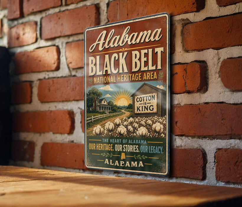 A vintage-style sign for the Alabama Black Belt National Heritage Area, featuring a rural scene with a cotton plantation and a building labeled "COTTON KING".