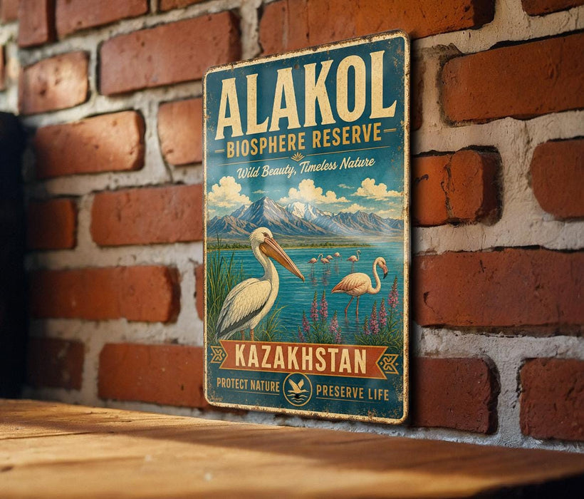 A vintage-style metal sign with the text "ALAKOL BIOSPHERE RESERVE" and "KAZAKHSTAN" is displayed on a brick wall.