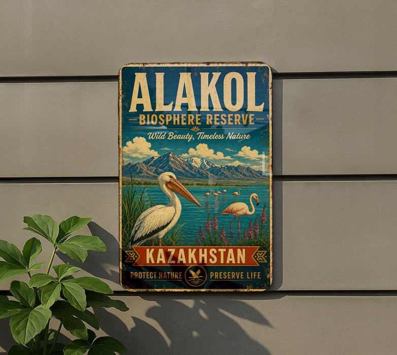 A vintage-style metal sign for the Kazakhstan Biosphere Reserve, featuring a scenic illustration of a bird and a lake surrounded by mountains.