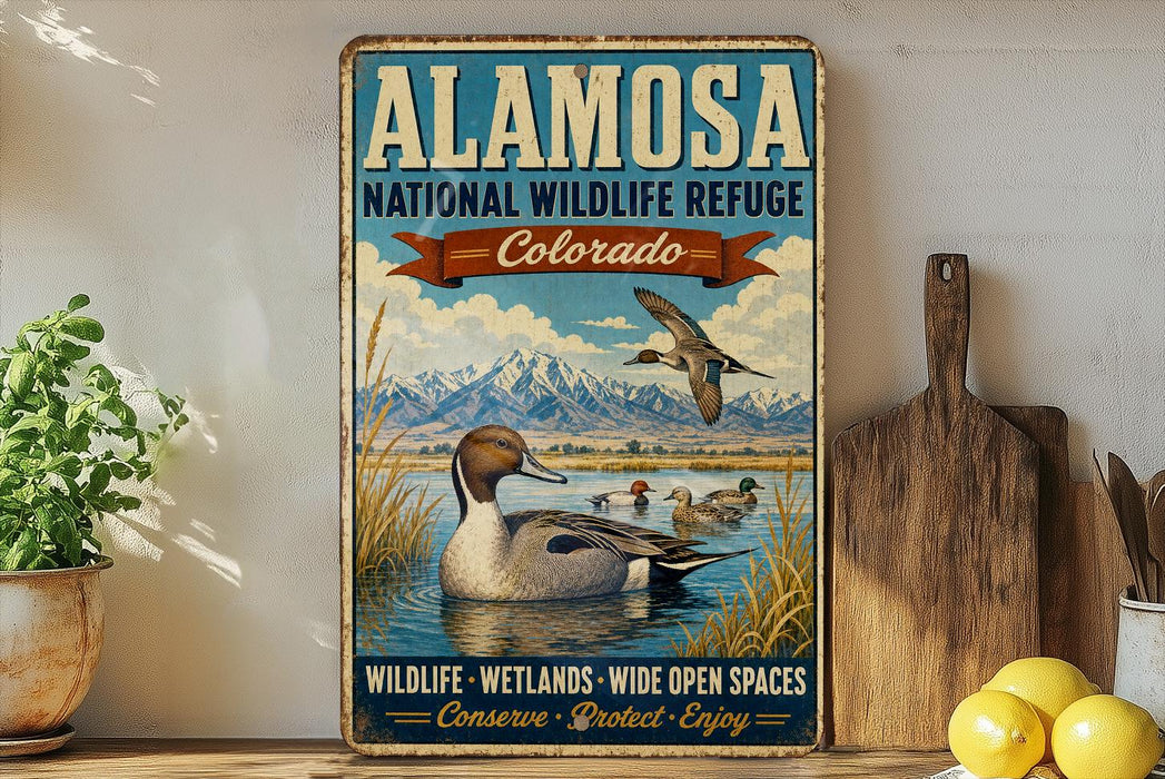 A vintage-style sign for the Alamo National Wildlife Refuge in Colorado, featuring a duck swimming in a lake surrounded by mountains.