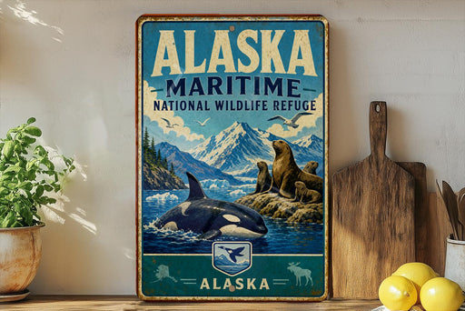 A vintage-style metal sign for the Alaska Maritime National Wildlife Refuge, featuring an illustration of a whale, seals, and mountains.