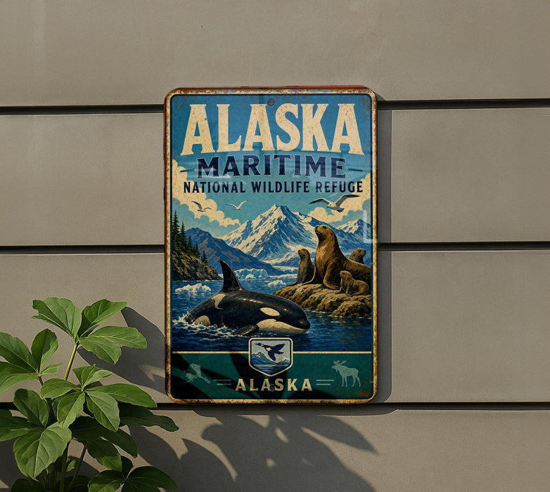 A vintage metal sign for Alaska's Maritime National Wildlife Refuge, featuring an illustration of a whale, seals, and mountains.