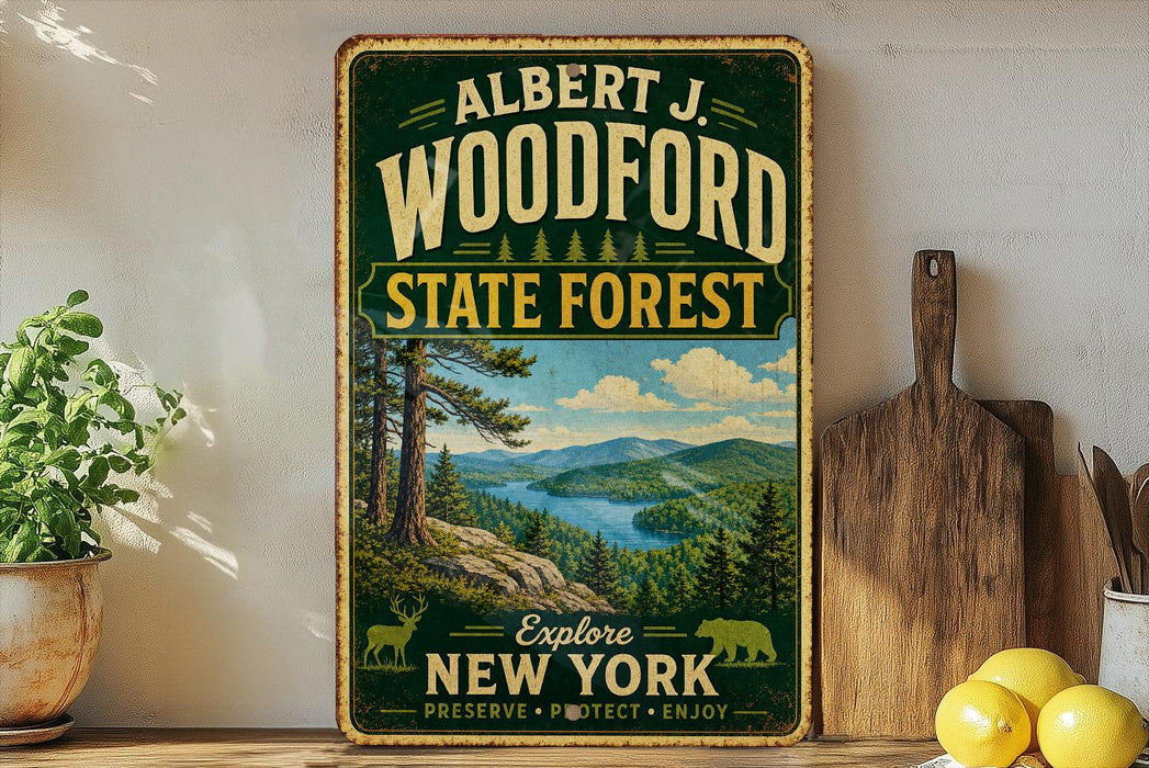 A vintage-style sign for the State Forest in New York, featuring a scenic landscape with pine trees, mountains, and a lake.