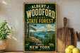 A vintage-style sign for the State Forest in New York, featuring a scenic landscape with pine trees, mountains, and a lake.