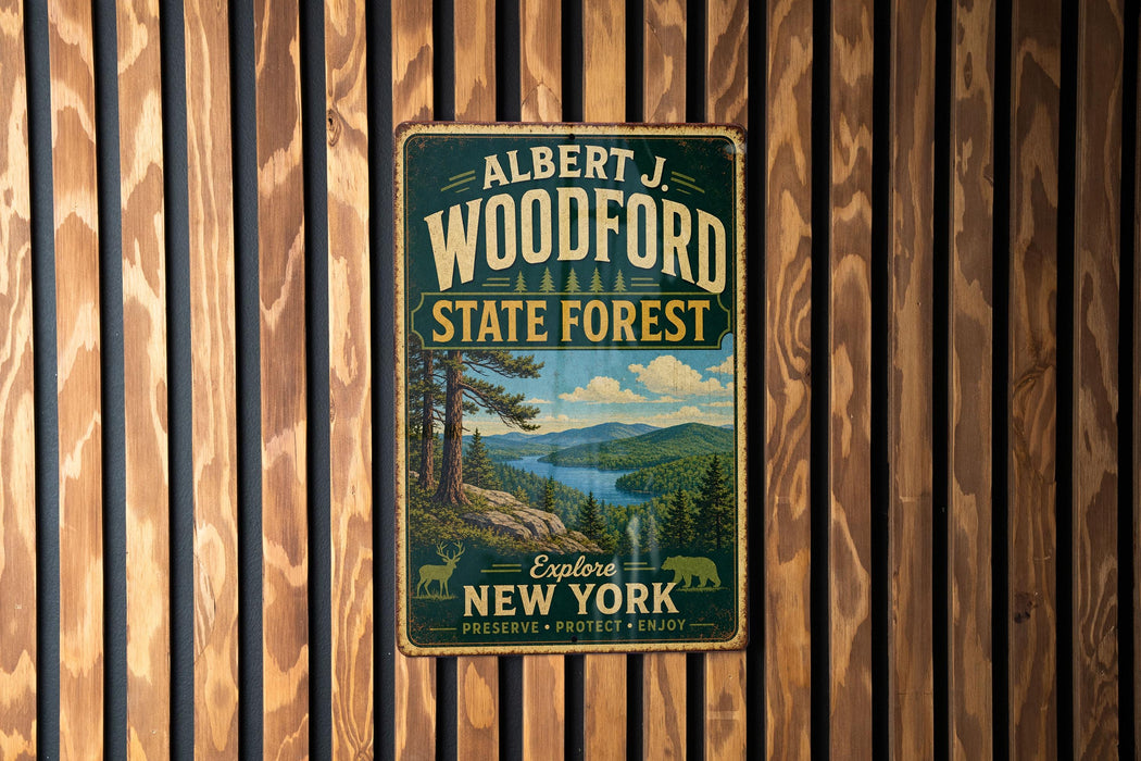 A vintage-style metal sign for Albert J. Woodford State Forest, featuring a scenic landscape with pine trees, a lake, and mountains.