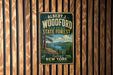 A vintage-style metal sign for Albert J. Woodford State Forest, featuring a scenic landscape with pine trees, a lake, and mountains.