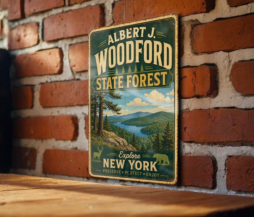 A vintage-style metal sign for Albert J. Woodford State Forest, featuring a scenic landscape with pine trees, mountains, and a lake.