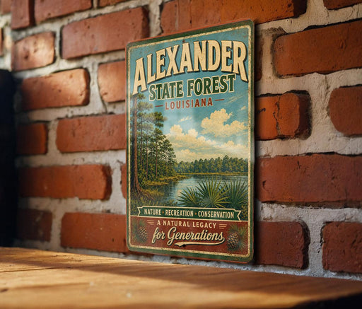 A vintage-style metal sign for Alexander State Forest in Louisiana, featuring a scenic landscape with trees, water, and a cloudy sky.