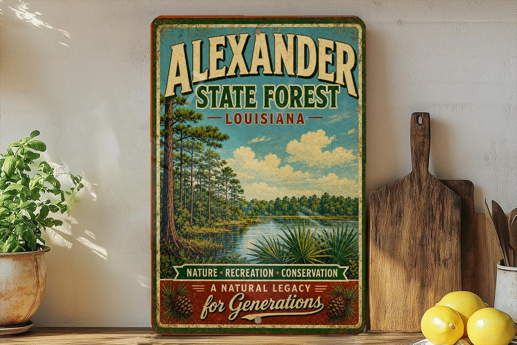 A vintage-style sign for Alexander State Forest in Louisiana, featuring a scenic image of a forest and a lake, is displayed on a shelf next to a wooden cutting board and some lemons.