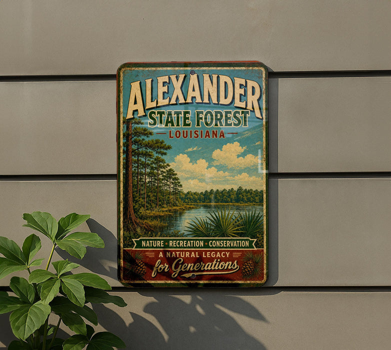 A vintage-style sign for Alexander State Forest in Louisiana, featuring a scenic landscape with pine trees and a body of water.