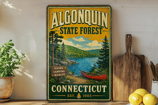 A vintage-style sign for Algonquin State Forest in Connecticut, featuring a scenic illustration of a lake, pine trees, and a canoe.