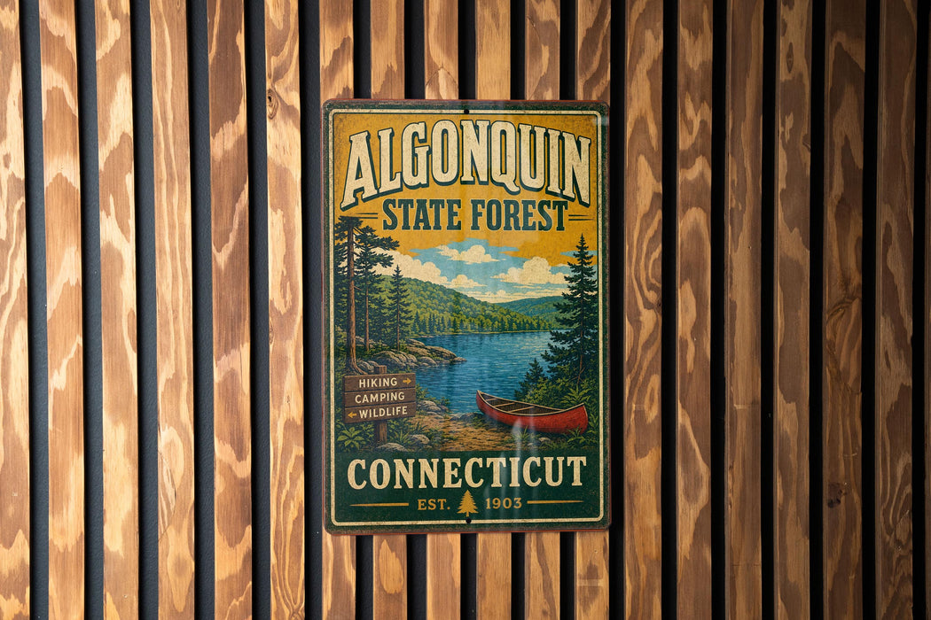 A vintage metal sign for Algonquin State Forest in Connecticut, featuring a scenic illustration of a lake, forest, and canoe.