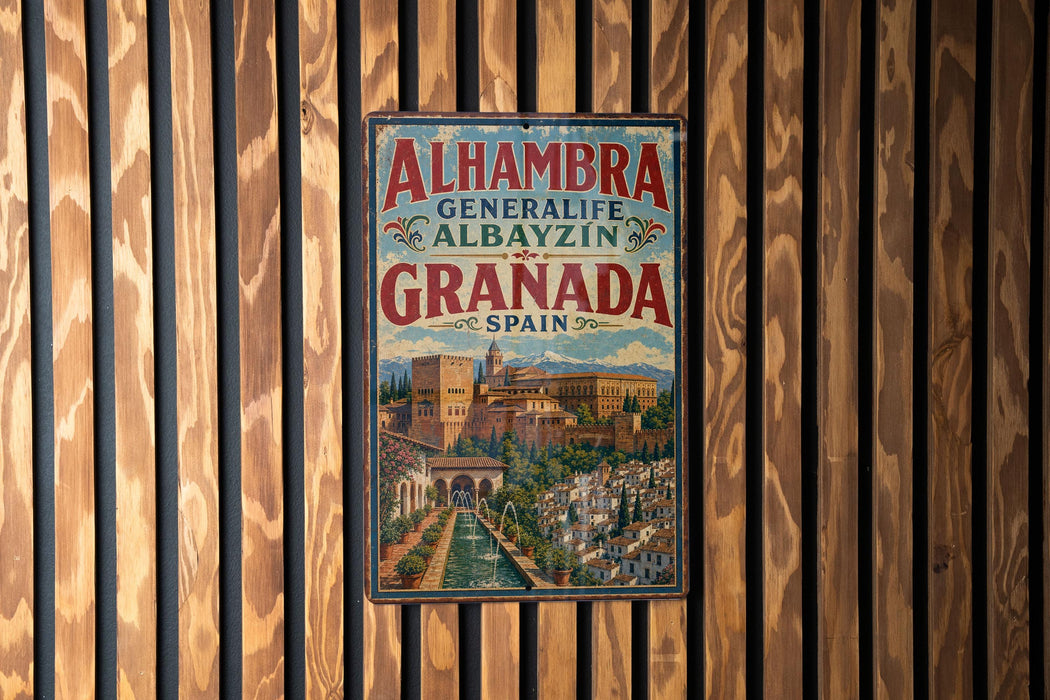 A vintage-style poster advertising Alhambra, Granada, Spain, featuring a scenic image of the Alhambra palace and gardens.