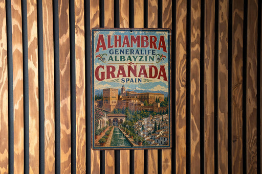 A vintage-style poster advertising Alhambra, Granada, Spain, featuring a scenic image of the Alhambra palace and gardens.