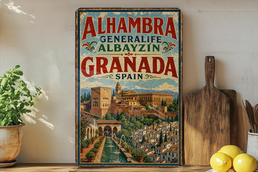 A vintage-style poster of Alhambra, Spain, featuring the city's iconic architecture and landscape, is displayed on a wall next to a wooden cutting board and some potted plants.