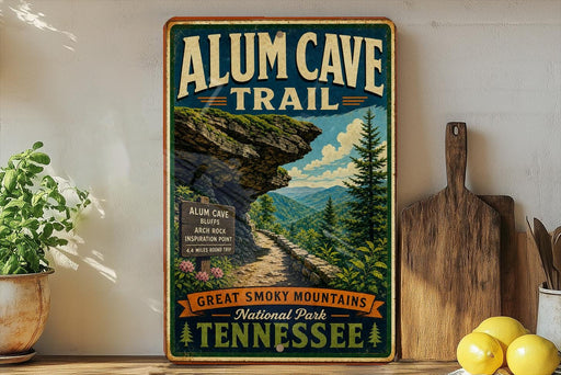 A vintage-style sign for the Alum Cave Trail in Great Smoky Mountains National Park, Tennessee, featuring a scenic mountain landscape with a winding trail.