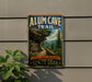 A vintage-style metal sign for the Alum Cave Trail in Great Smoky Mountains National Park, featuring a scenic mountain landscape with a trail leading through it.