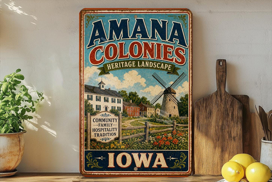 a vintage-style sign for "Amana Colonies Heritage Landscape" in Iowa, with a windmill and other rural scenery. The sign is displayed on a shelf next to a wooden cutting board and a potted plant.
