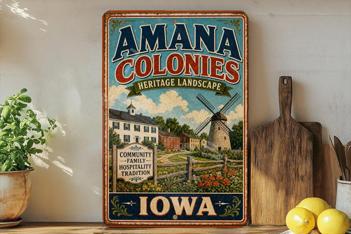 a vintage-style sign for "Amana Colonies Heritage Landscape" in Iowa, with a windmill and other rural scenery. The sign is displayed on a shelf next to a wooden cutting board and a potted plant.
