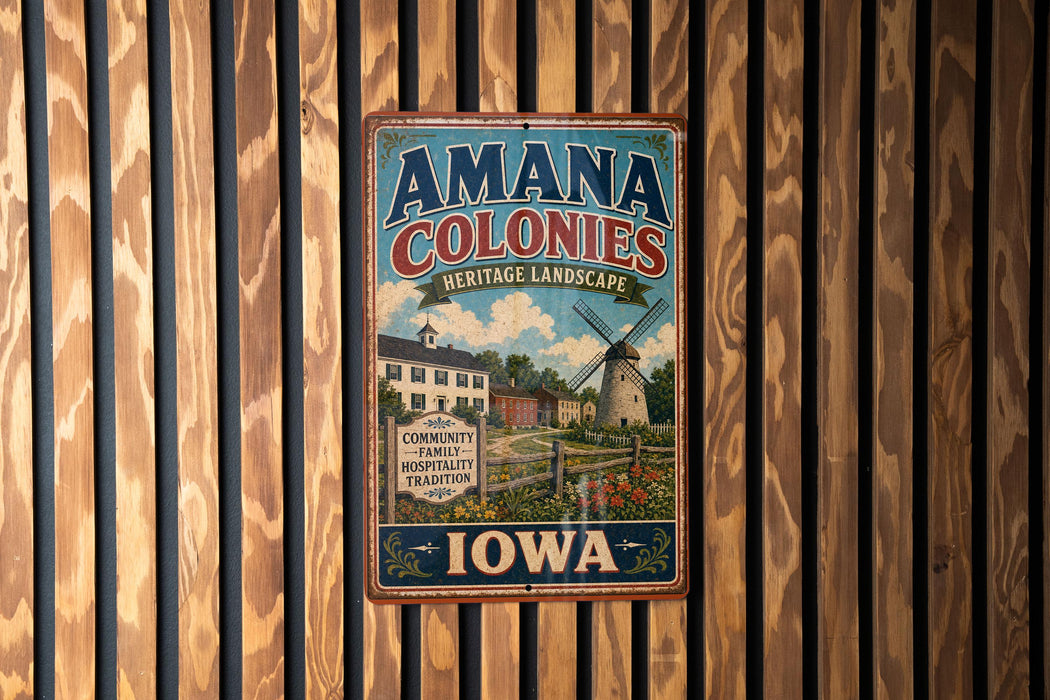 a vintage-style metal sign with the text "AMANA COLONIES HERITAGE LANDSCAPE" and "IOWA" printed on it, hanging on a wooden wall.