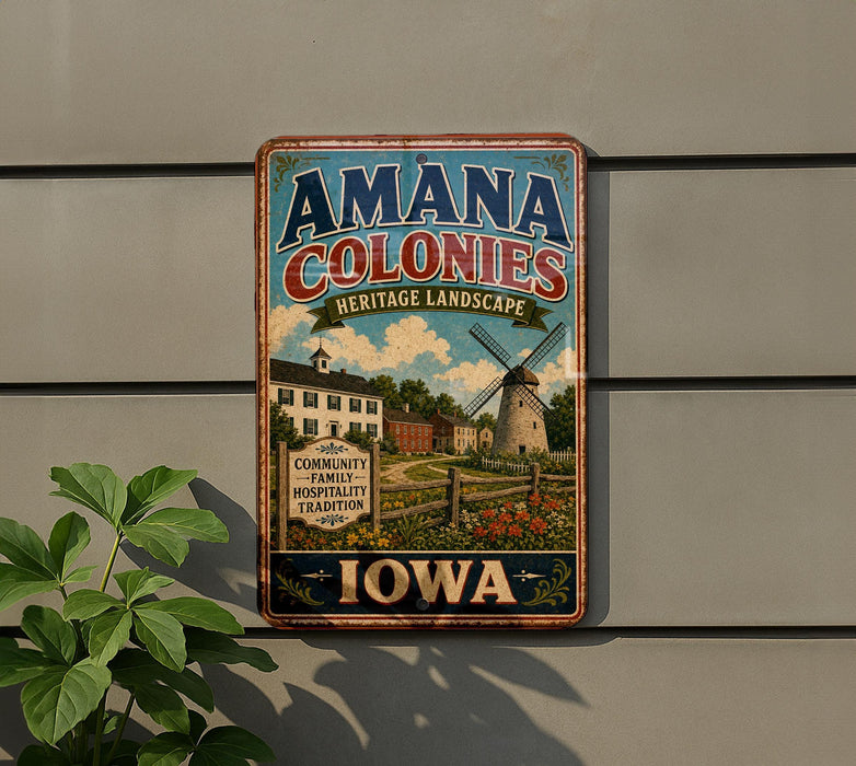 A vintage-style metal sign for the Amana Colonies in Iowa, featuring a windmill and a rural landscape.