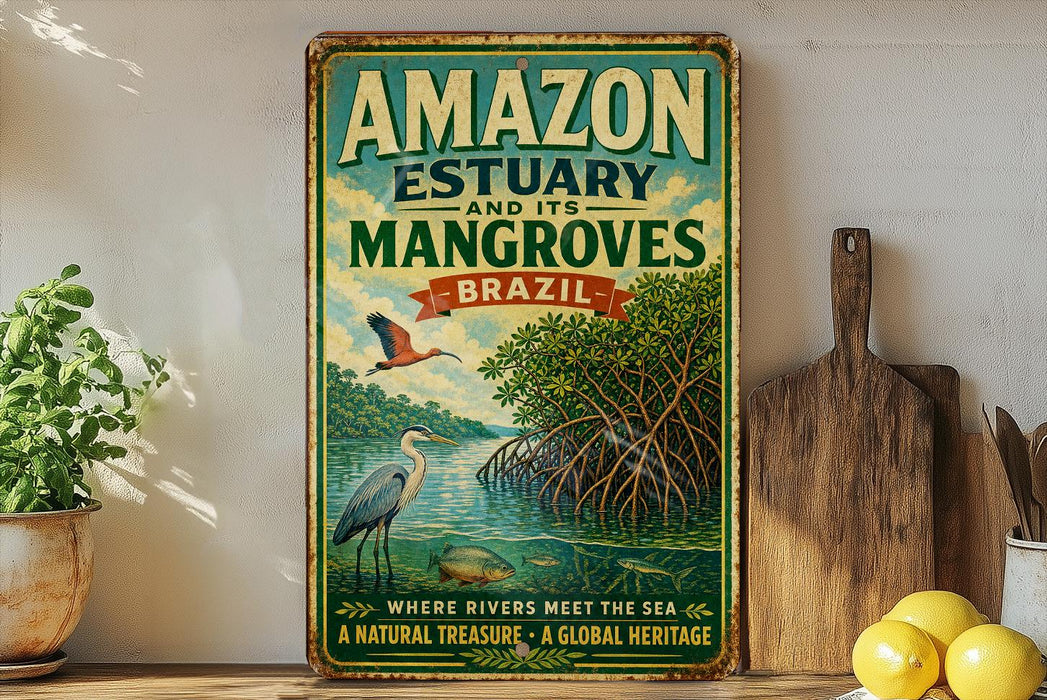 A vintage-style metal sign advertising the Amazon estuary and its mangroves in Brazil, featuring an illustration of a bird, a river, and lush vegetation.