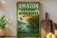 A vintage-style metal sign advertising the Amazon estuary and its mangroves in Brazil, featuring an illustration of a bird, a river, and lush vegetation.