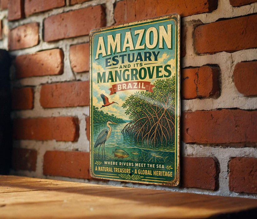 A vintage-style metal sign on a brick wall, advertising the Amazon estuary and its mangroves in Brazil.