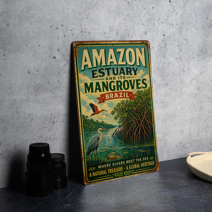 A vintage-style metal sign advertising the Amazon estuary and its mangroves in Brazil, featuring a bird and a river.