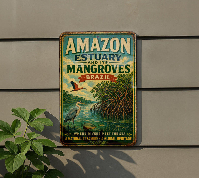 A vintage-style metal sign advertising Amazon Estuary and its mangroves in Brazil, featuring a bird and a tropical landscape.