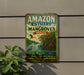 A vintage-style metal sign advertising Amazon Estuary and its mangroves in Brazil, featuring a bird and a tropical landscape.
