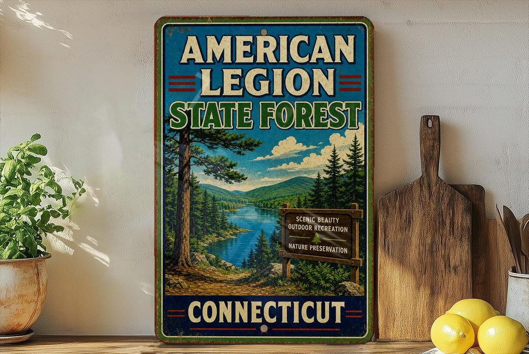 A vintage-style metal sign for the American Legion State Forest in Connecticut, featuring a scenic landscape with pine trees, a river, and mountains.