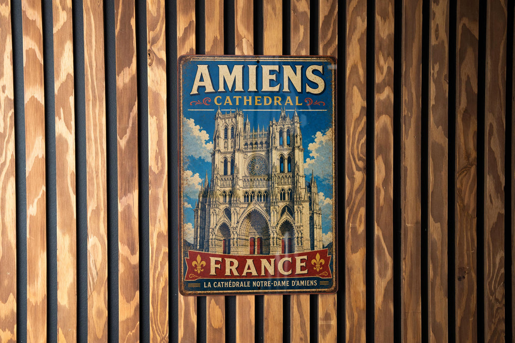 a vintage metal sign with the text "Amiens Cathedral" and "France" written on it, hanging on a wooden wall.