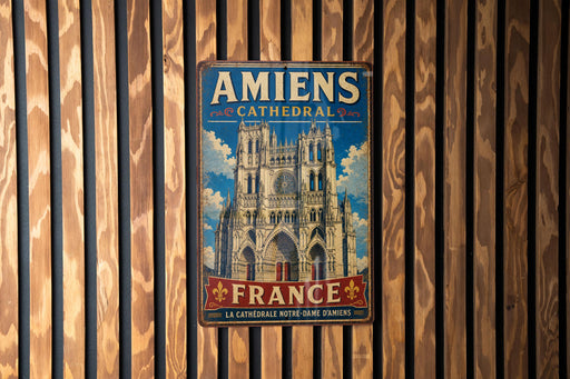 a vintage metal sign with the text "Amiens Cathedral" and "France" written on it, hanging on a wooden wall.