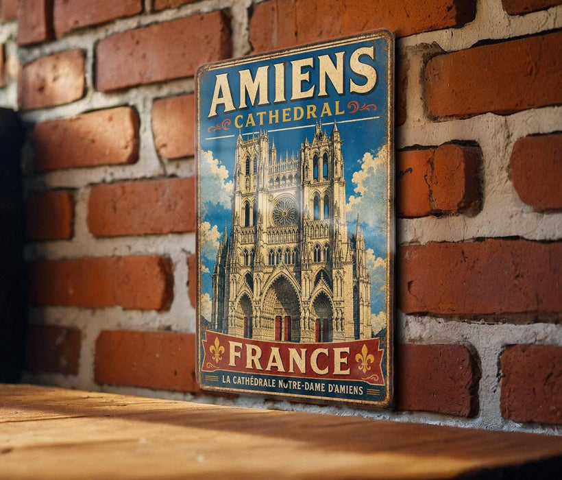 A vintage metal sign featuring an illustration of the Amiens Cathedral in France, mounted on a brick wall.
