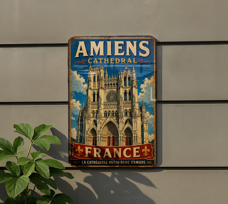 A vintage metal sign with the text "Amiens Cathedral" and "France" is displayed on a wall, featuring an illustration of the Notre-Dame Cathedral in Paris.