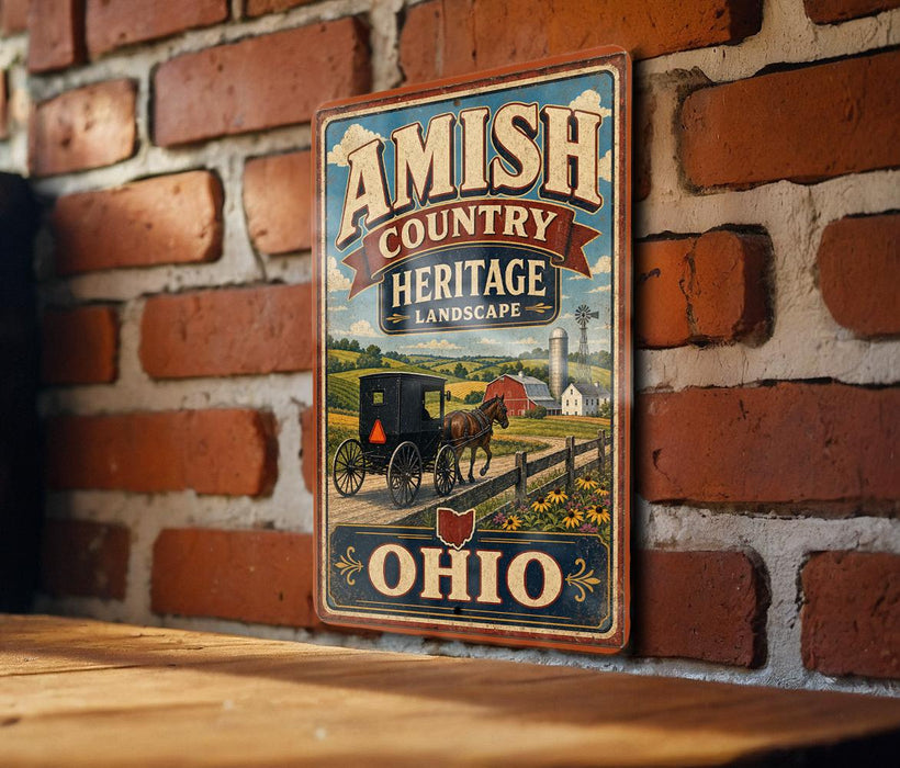 A vintage-style metal sign with the text "AMISH COUNTRY HERITAGE LANDscape" and an illustration of a horse-drawn carriage in a rural setting, mounted on a brick wall.