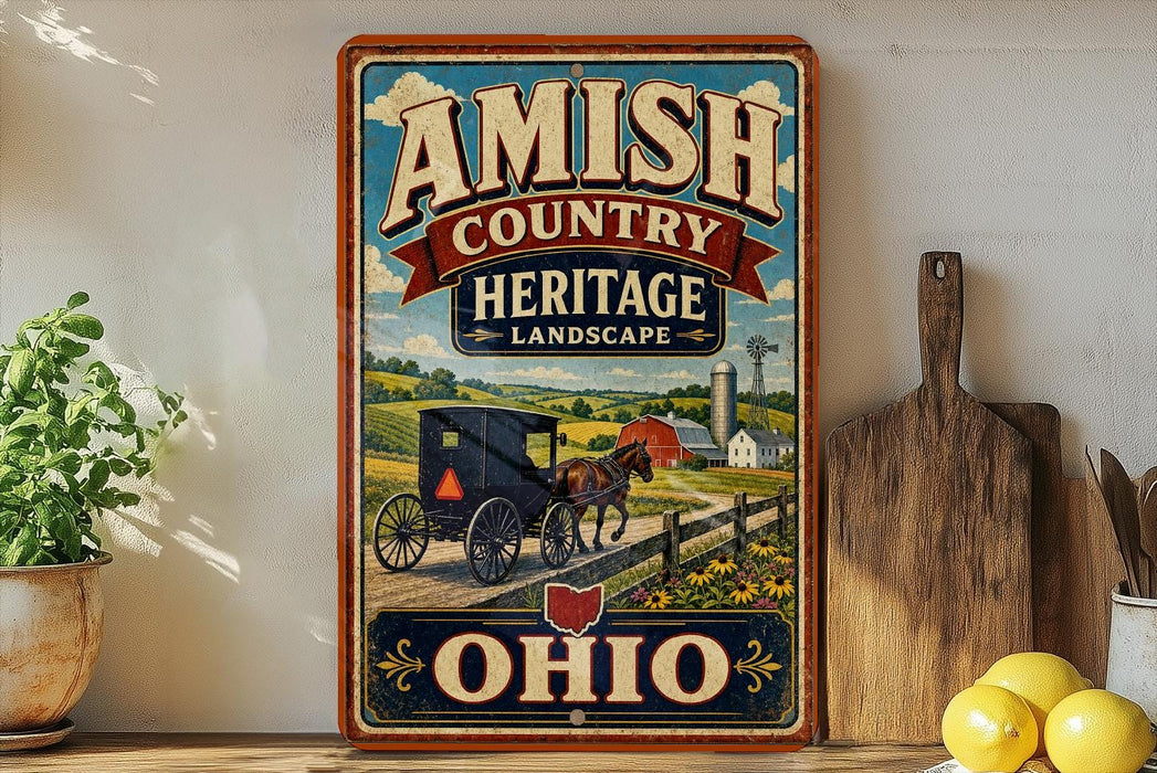 a vintage-style sign for Amish Country Heritage Landscape in Ohio, with a farm scene and a horse-drawn carriage.