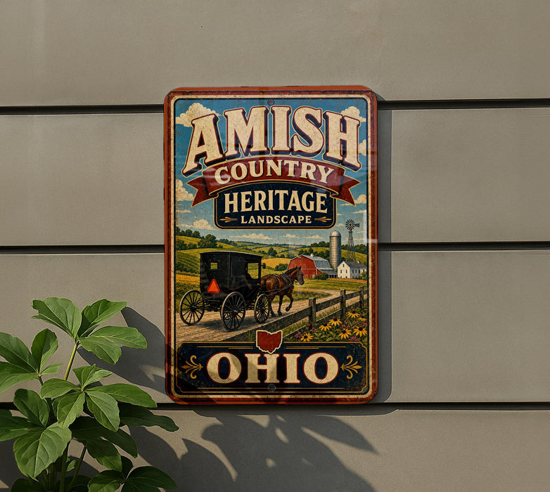 a vintage-style sign for Amish Country Heritage Landscape, which is located in Ohio.