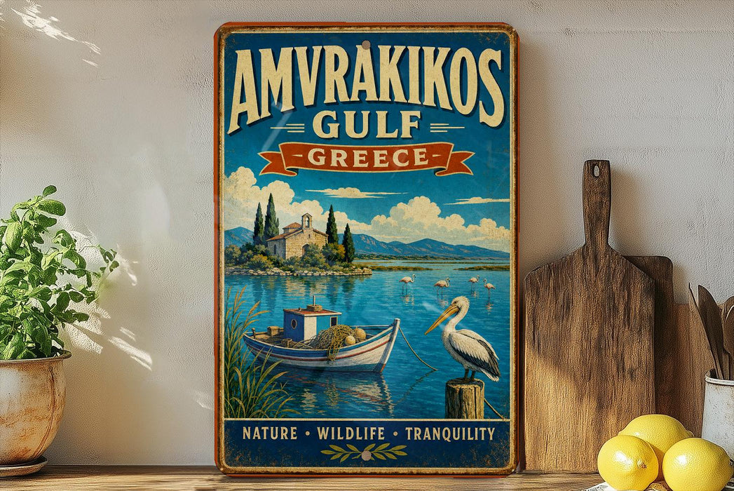 a vintage-style poster of Amvrakikos, Greece, with a boat on the water and a seagull on a wooden post. The poster is displayed on a wall, and there are some potted plants and kitchen utensils visible in the foreground.