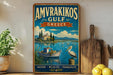 a vintage-style poster of Amvrakikos, Greece, with a boat on the water and a seagull on a wooden post. The poster is displayed on a wall, and there are some potted plants and kitchen utensils visible in the foreground.