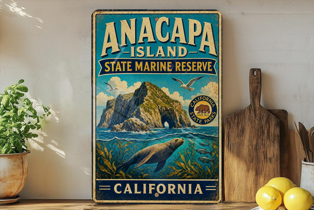 a vintage-style sign for the Anacapa Island State Marine Reserve in California, with a painting of a seal swimming in the ocean and a rocky island in the background.