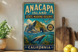 a vintage-style sign for the Anacapa Island State Marine Reserve in California, with a painting of a seal swimming in the ocean and a rocky island in the background.