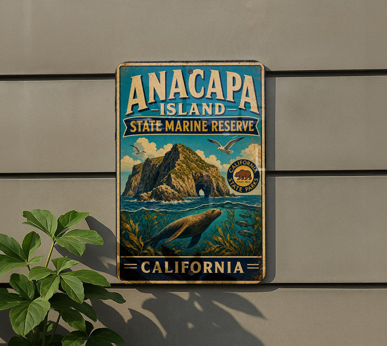A vintage metal sign for Anacapa Island, California, featuring a scenic illustration of the island, its surrounding waters, and marine life.