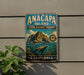 A vintage metal sign for Anacapa Island, California, featuring a scenic illustration of the island, its surrounding waters, and marine life.