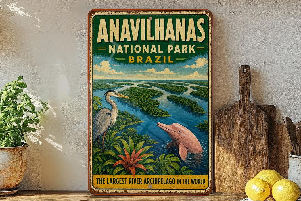 a vintage-style sign for the Anavilhanas National Park in Brazil, depicting a bird and a dolphin in a tropical setting.