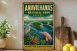 a vintage-style sign for the Anavilhanas National Park in Brazil, depicting a bird and a dolphin in a tropical setting.