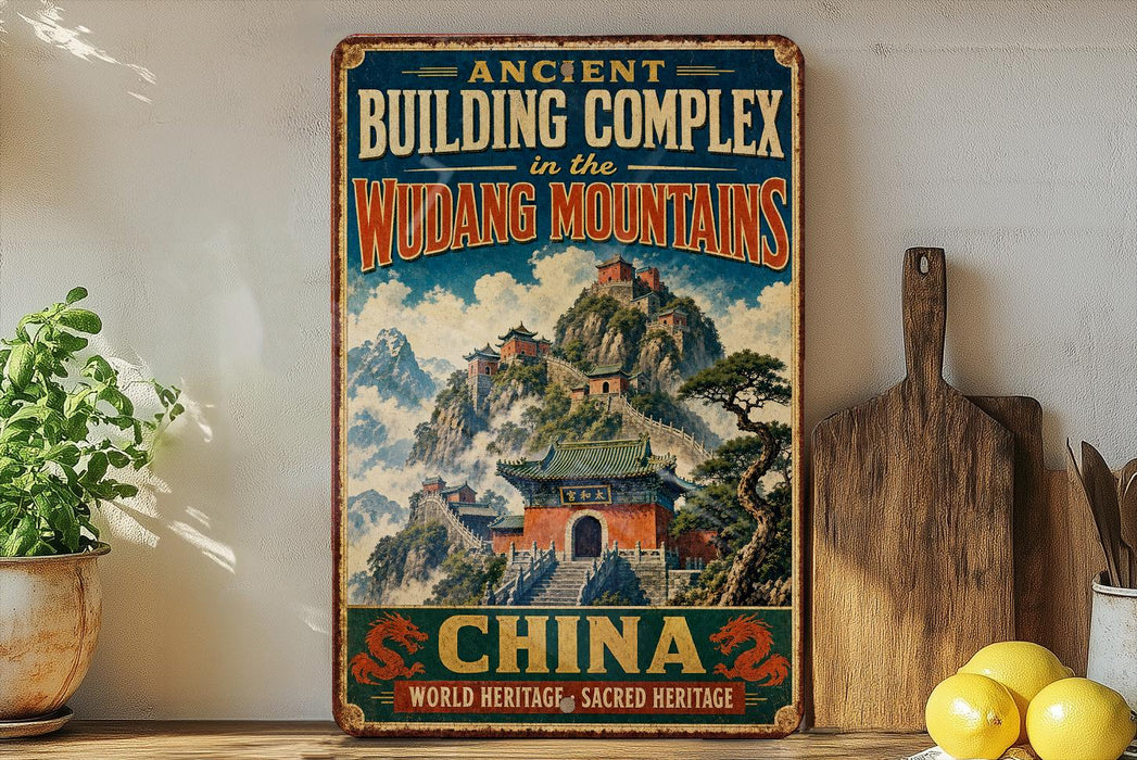 a vintage-style sign advertising the ancient building complex in the Wodang Mountains, China, with a dragon and a temple depicted on the sign.